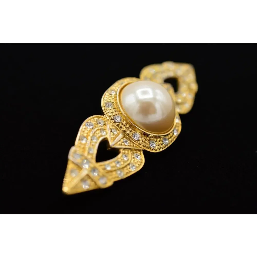 Vintage Statement Pin Brooch Shiny Gold Rhinestone Pearl Bar Chunky 1980s 9B